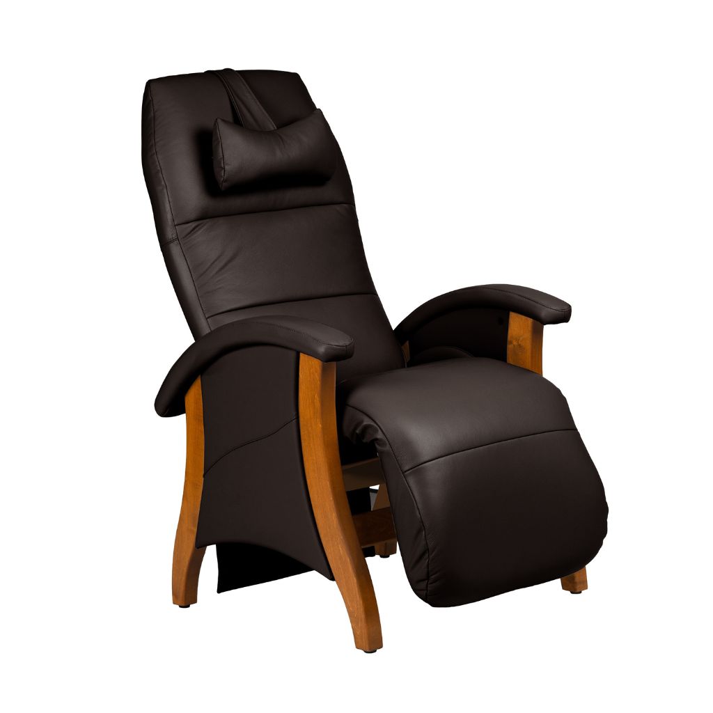 Black leather recliner chair with wooden armrests on a white background