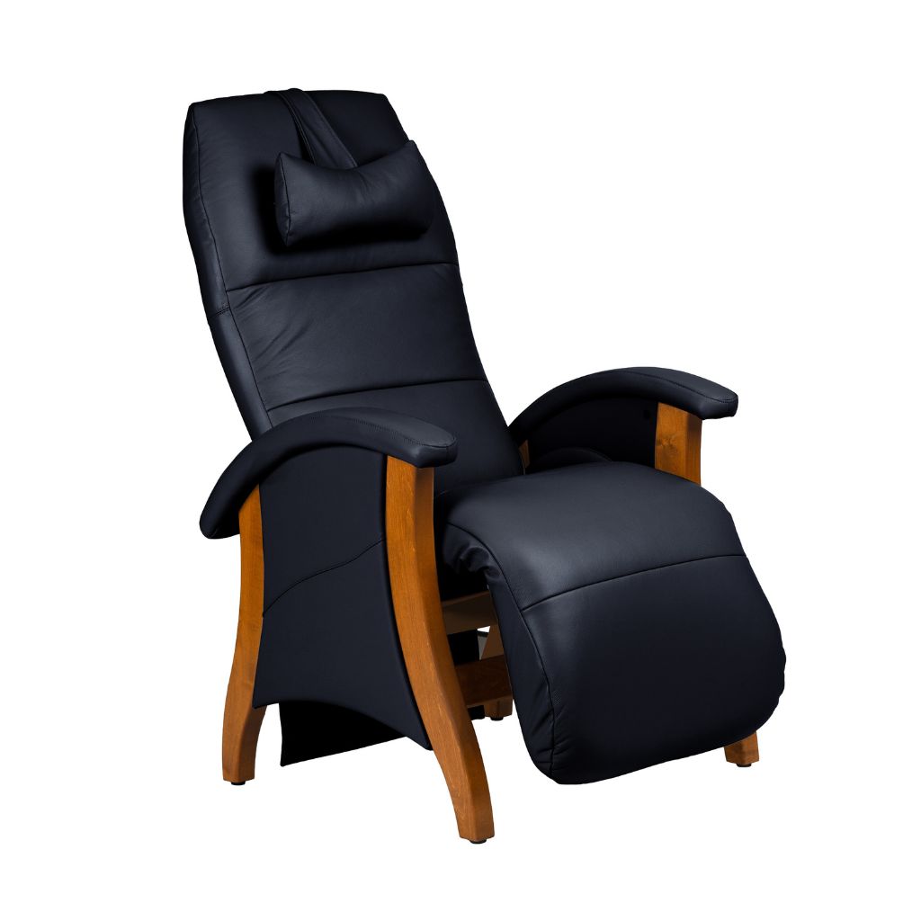 Black leather recliner chair with wooden armrests on a white background