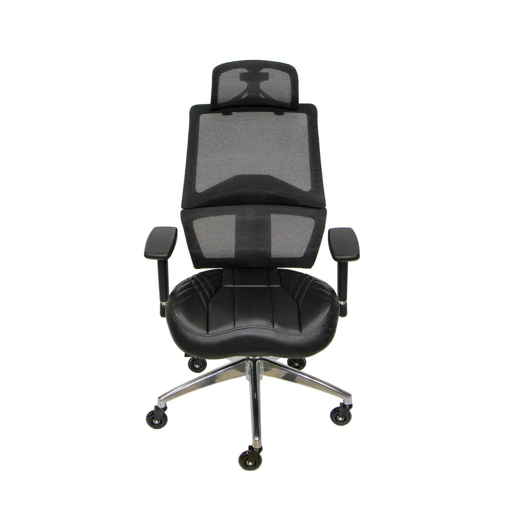 Scepter Gaming Chair in black faux leather with black casters.