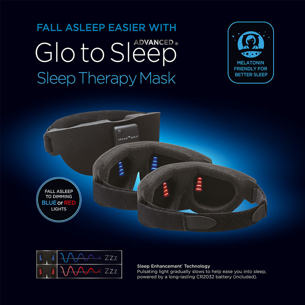 Glo to Sleep sleep therapy mask with features highlighted on a dark background