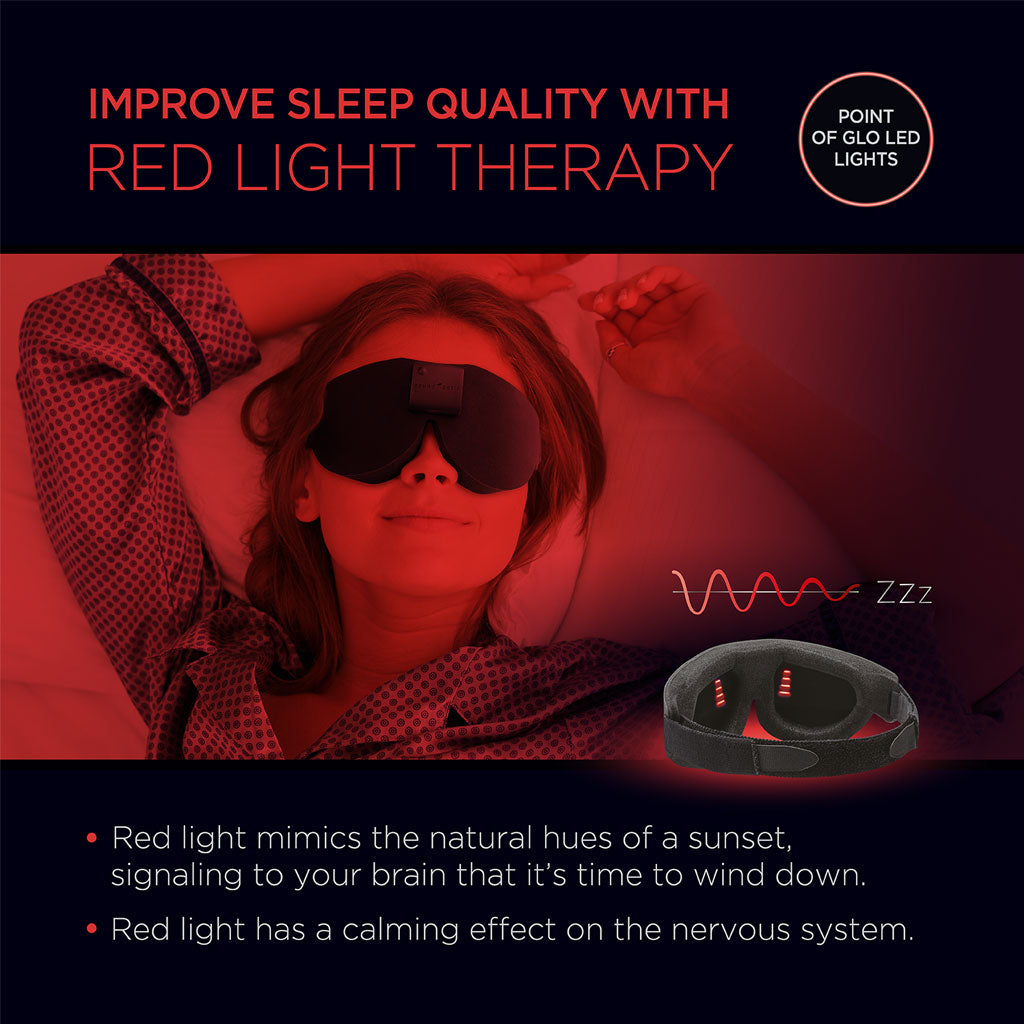 Person wearing a sleep mask with text about red light therapy for sleep improvement.