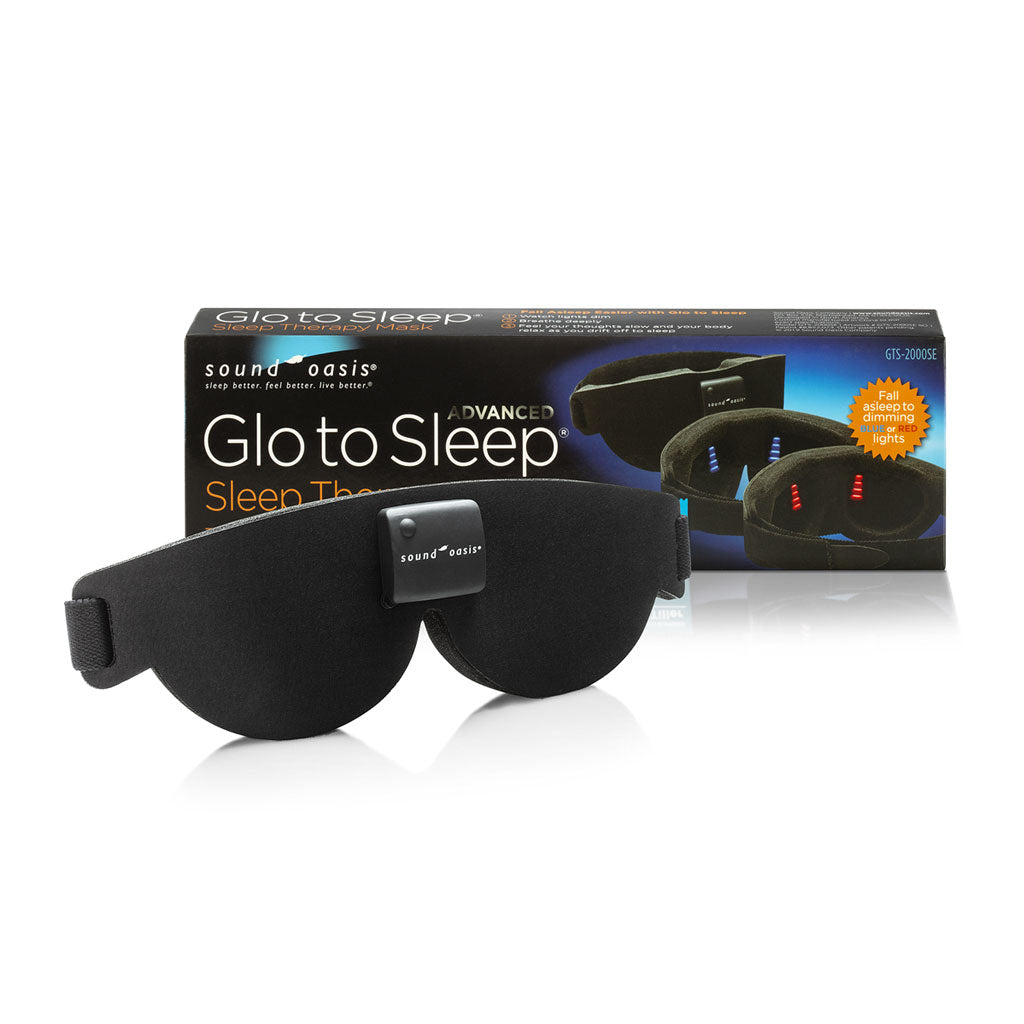 Black sleep mask with 'Glo to Sleep' packaging on a white background