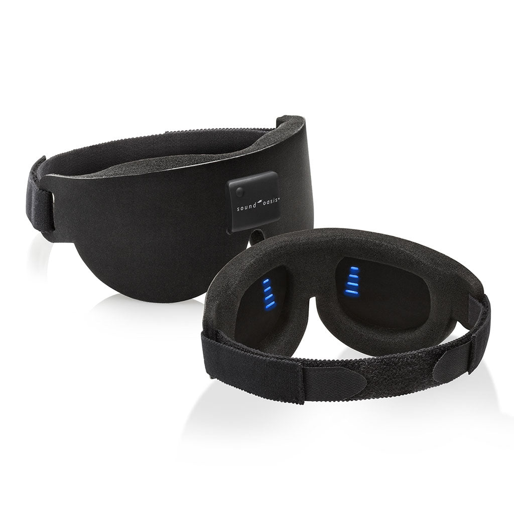 Black sleep mask with blue LED lights on a white background