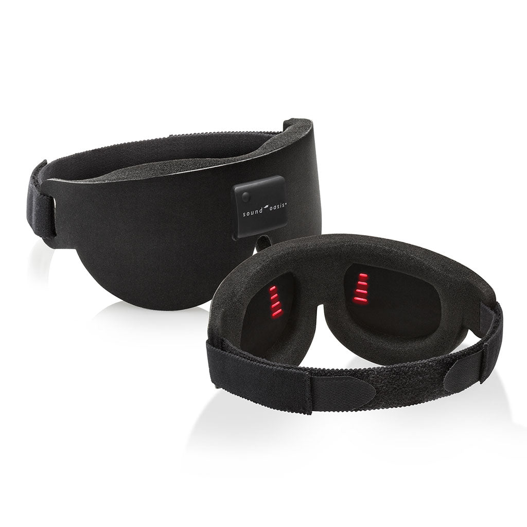 Black sleep mask with red LED lights on a white background