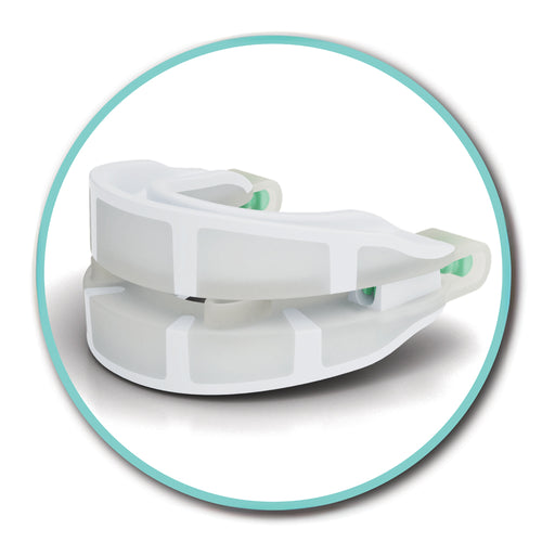 Image of the SnoreLogic Anti-Snoring Mouthpiece with a blue circle around the mouthpiece.