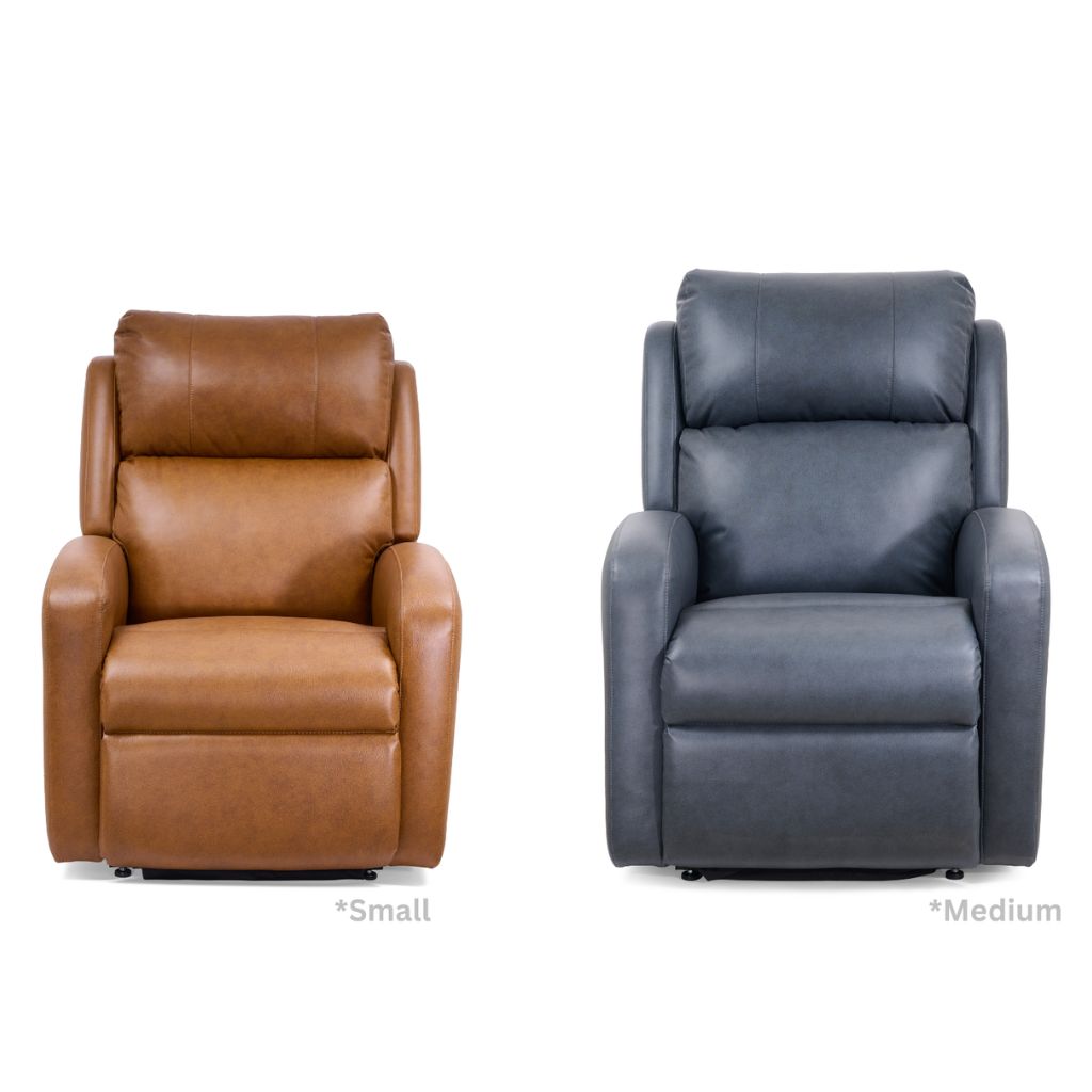 Two leather recliners, one brown labeled 'Small' and one gray labeled 'Medium', on a white background.