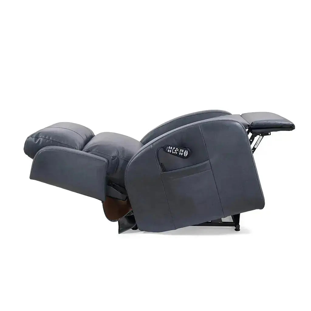 Side view of the Sunrise PR134 Zero Gravity Lift Recliner fully extended in lagoon, showing remote control and open legrest