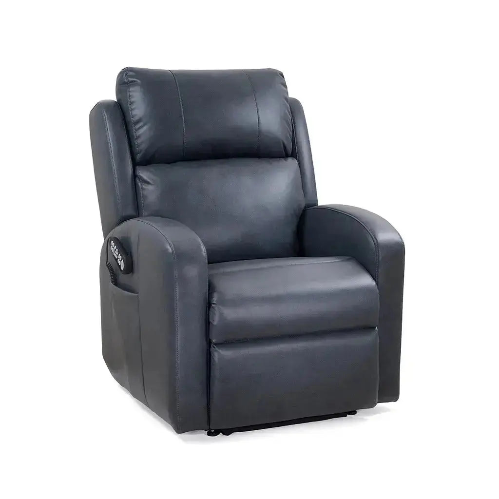 Angled front view of Sunrise PR134 Zero Gravity Lift Recliner in lagoon with remote control visible on armrest