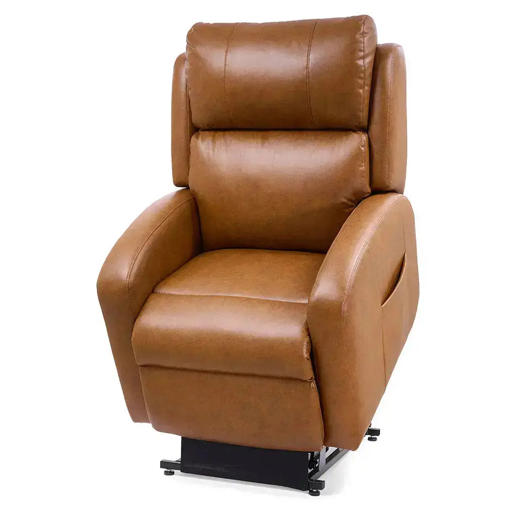 Angled front view of Sunrise PR134 Zero Gravity Lift Recliner in brown upholstery with lift base visible