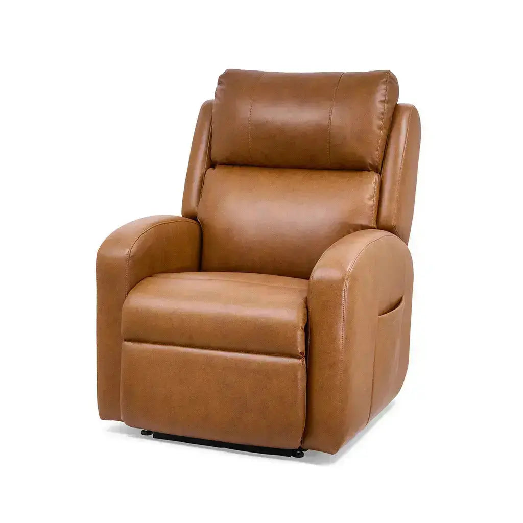 Front angle view of Sunrise PR134 Zero Gravity Lift Recliner in brown upholstery on white background