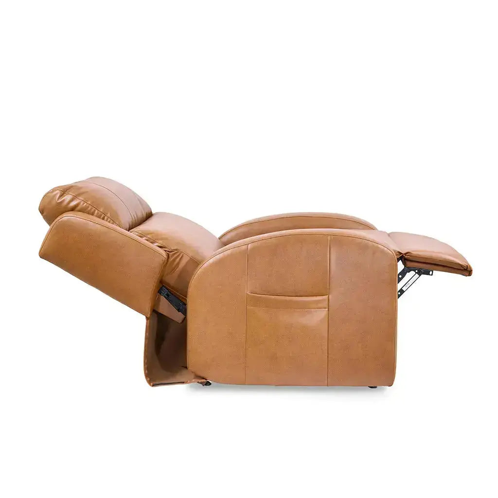 Side view of the Sunrise PR134 Zero Gravity Lift Recliner fully extended in brown, with the legrest open
