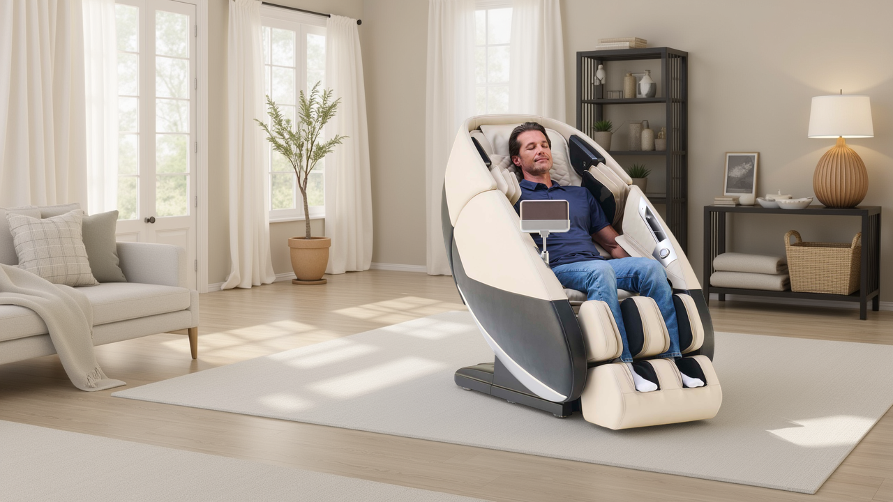 Man relaxing in a modern massage chair in a home setting