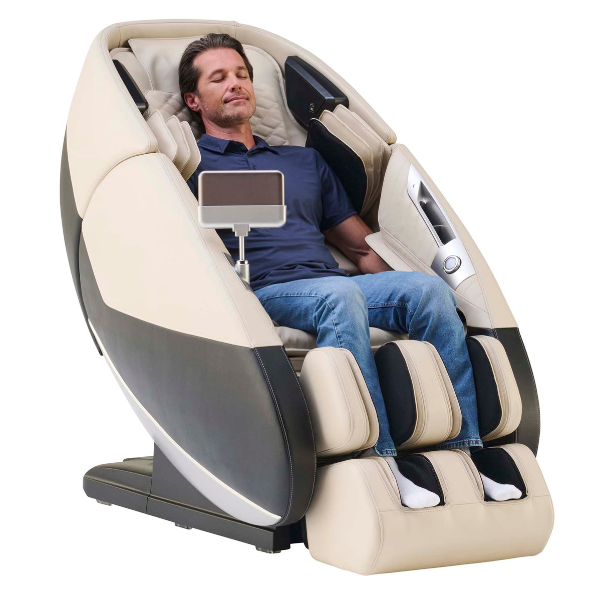 Man relaxing in a modern massage chair with a white background
