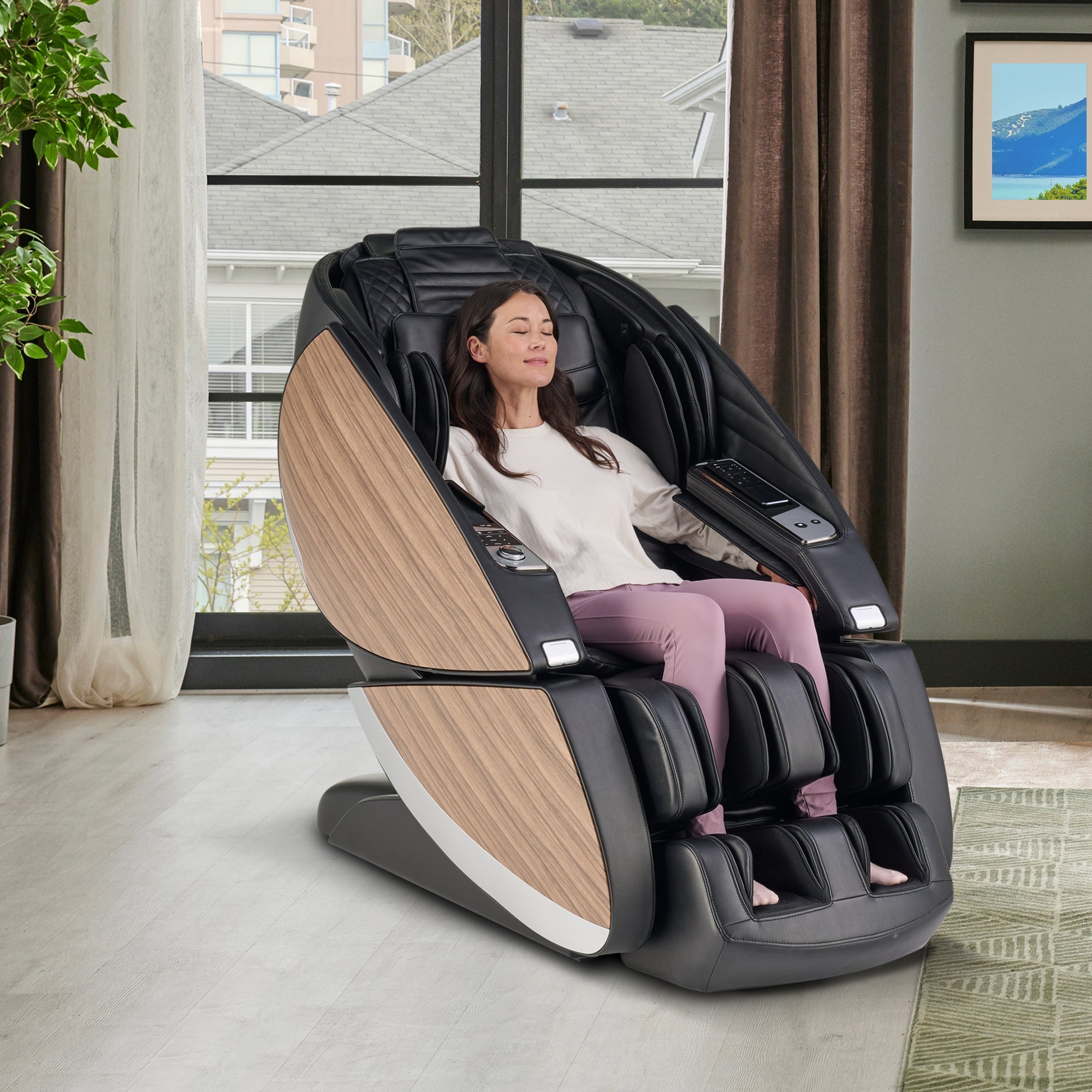 Woman relaxing in a massage chair in a home setting
