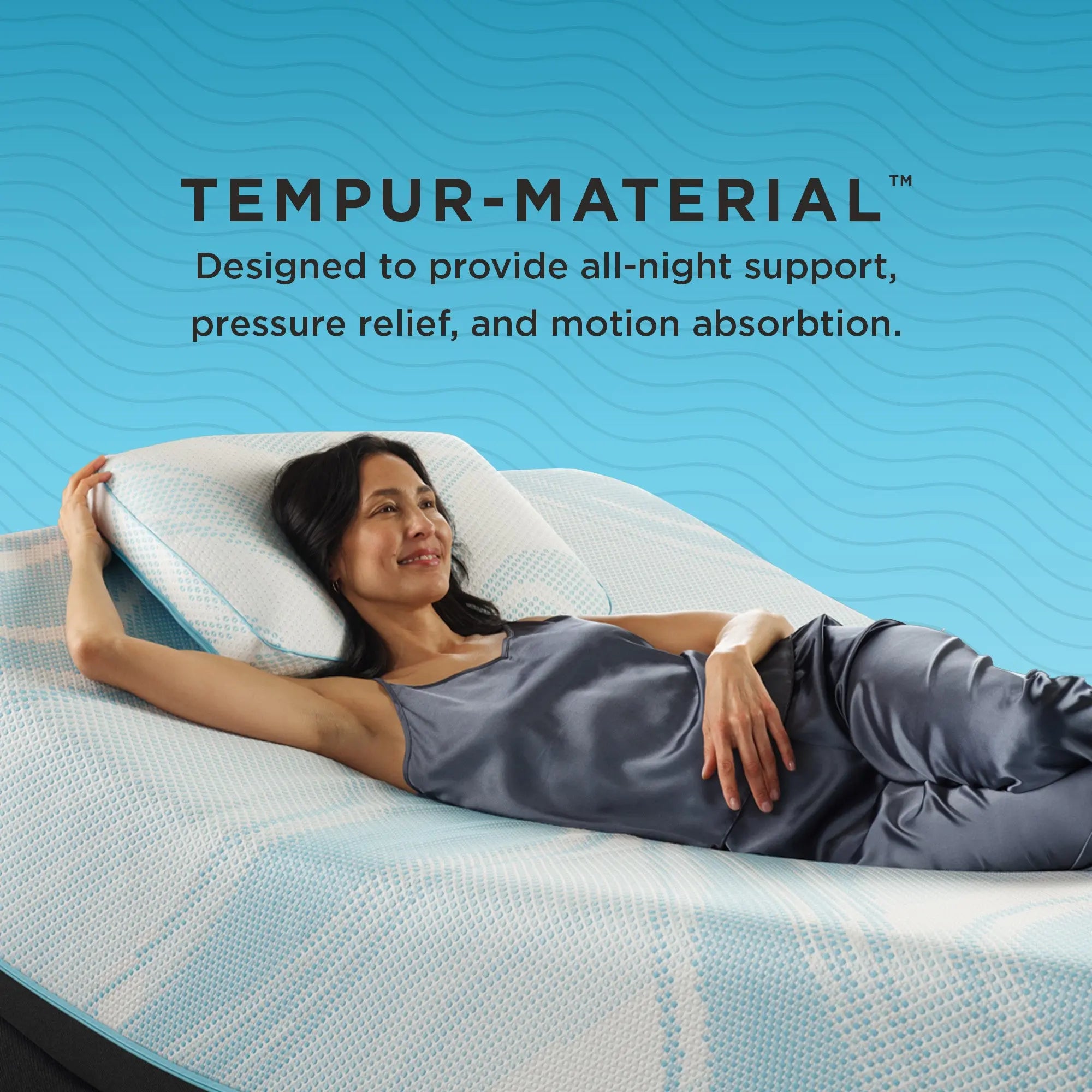 A woman laying on bed with her head on the TEMPUR-Breeze® Pro Pillow, with the "Tempur-Material displayed above her. 