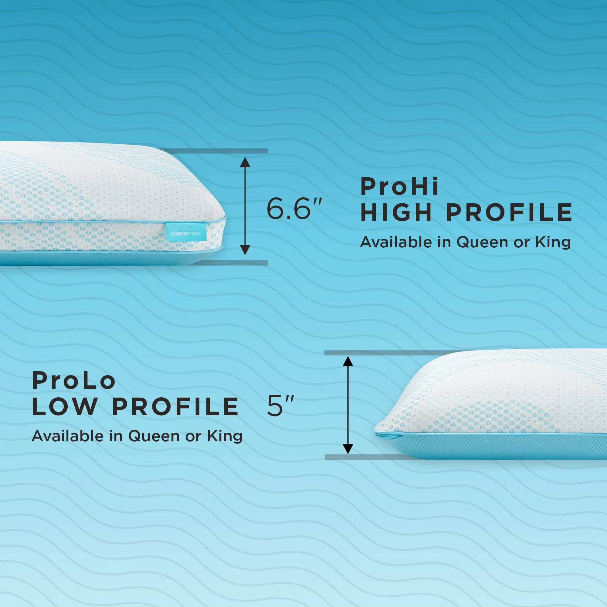 A comparison image shows two TEMPUR-Pedic Breeze® pillows: the **ProHi** with a 6.6" high profile, and the **ProLo** with a 5" low profile. Both are available in Queen or King sizes. The graphic is set against a light blue wave-patterned background.