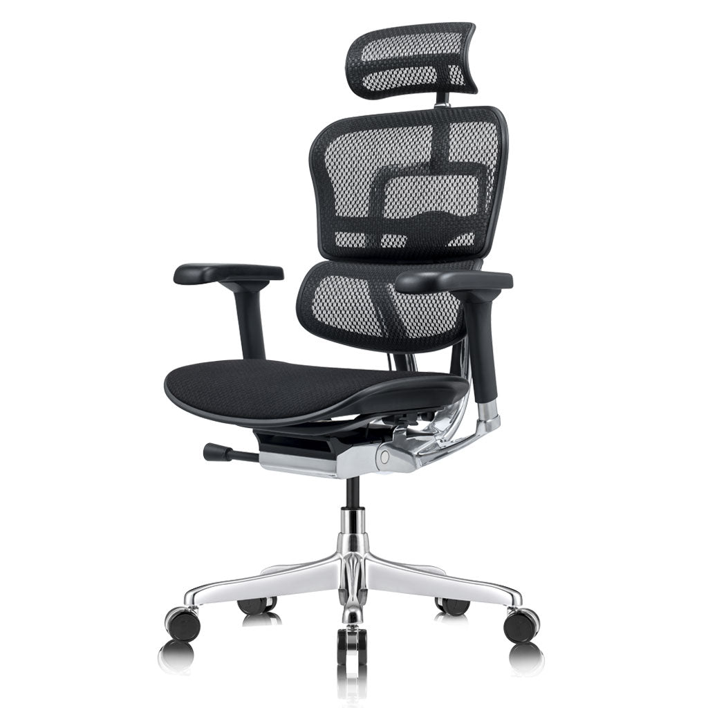 Black office chair with mesh back on a white background