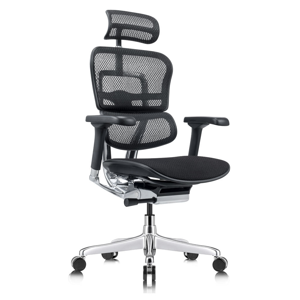 Black office chair with mesh back and chrome base on a white background