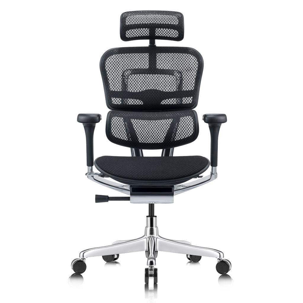 Black office chair with mesh back and adjustable headrest on a white background