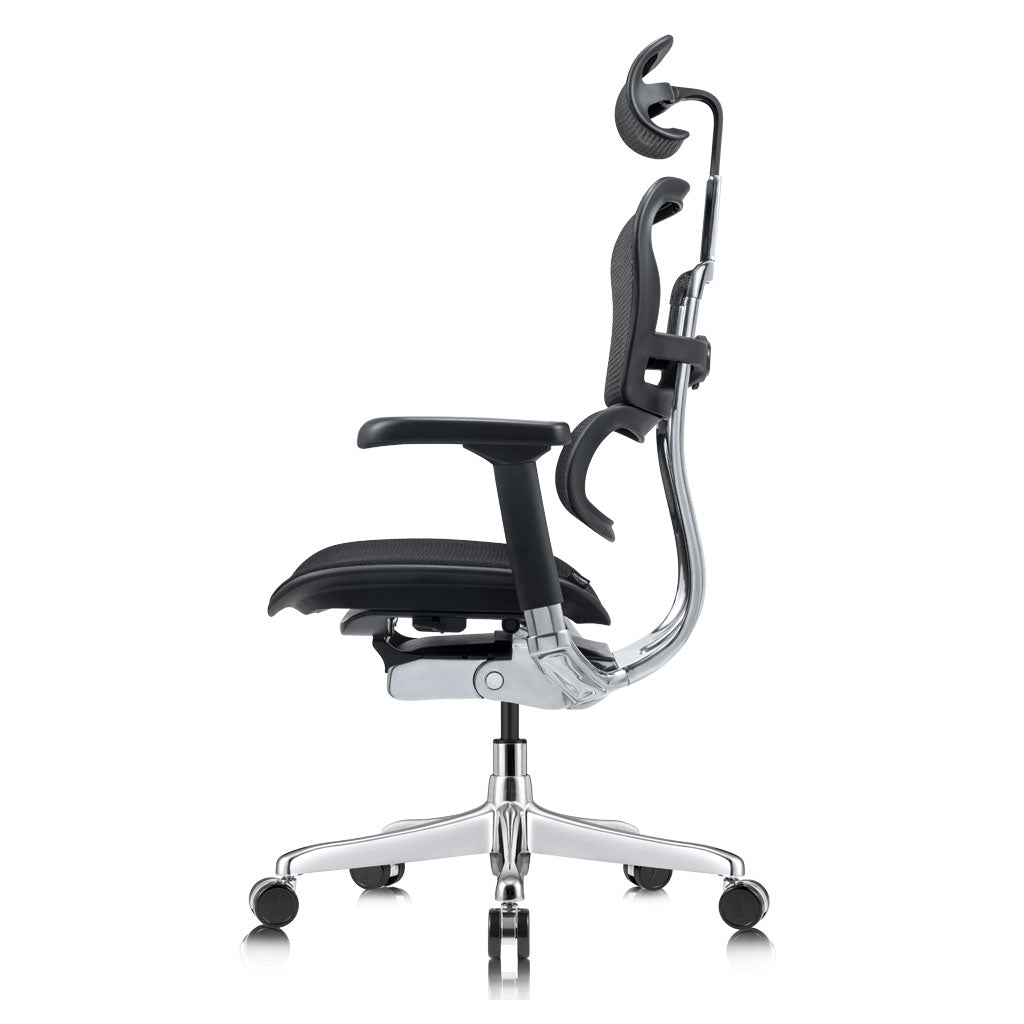 Ergonomic office chair with adjustable headrest on a white background