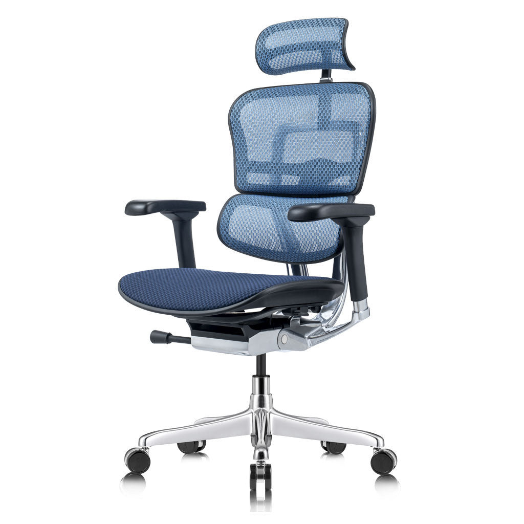 Blue office chair with mesh back and adjustable armrests on a white background