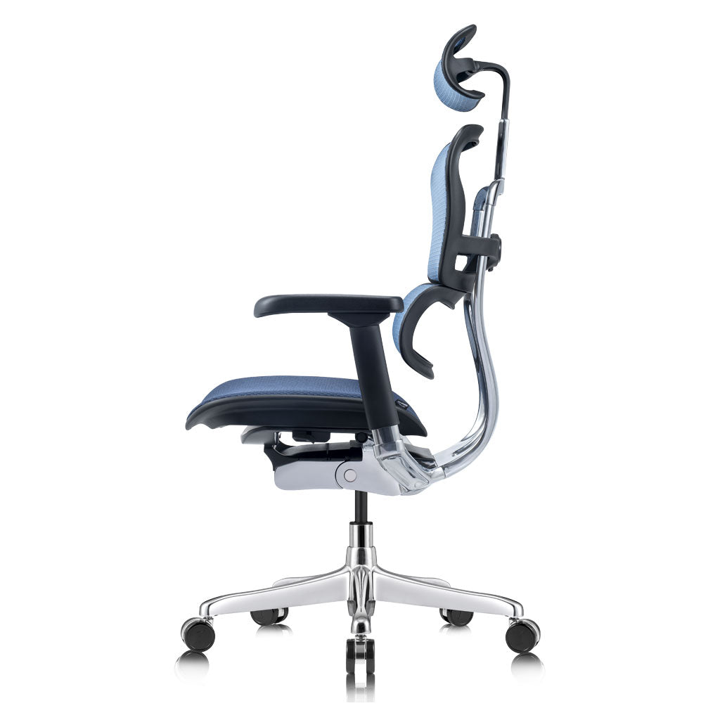 Ergonomic office chair with adjustable headrest and armrests on a white background