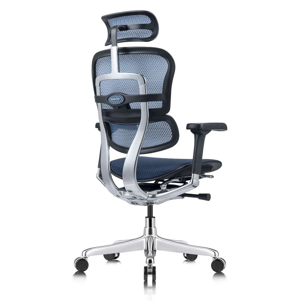 Blue office chair with mesh back and chrome base on a white background