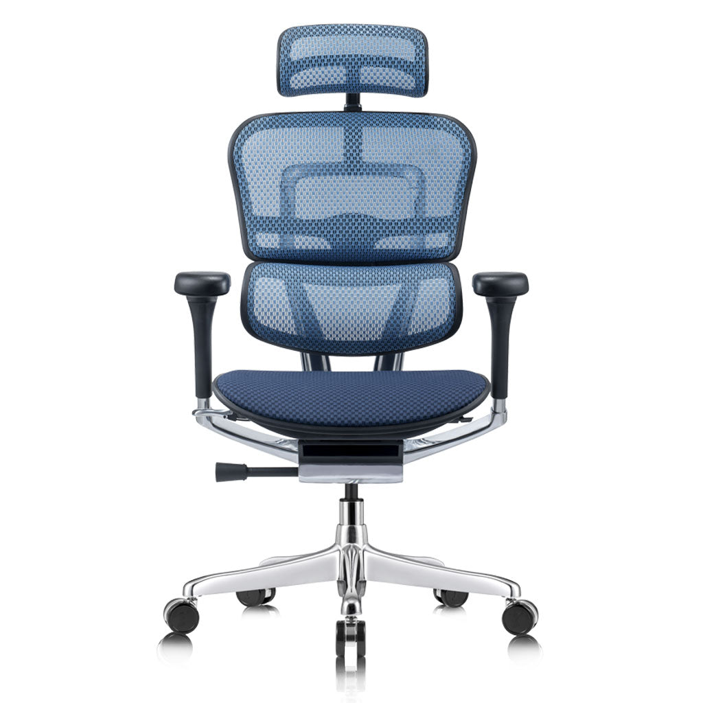 Blue office chair with mesh back and ergonomic design on a white background