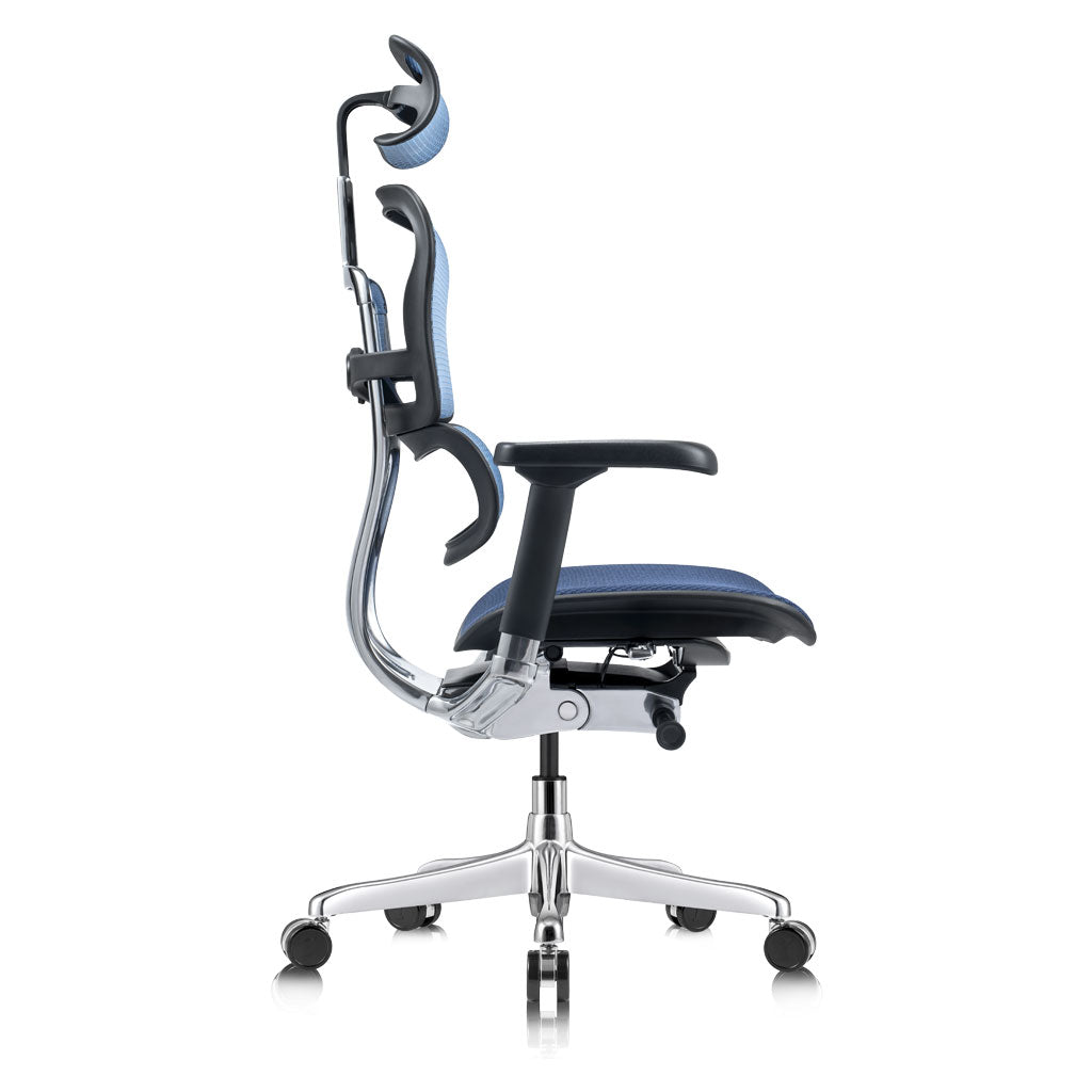 Blue office chair with adjustable headrest on a white background