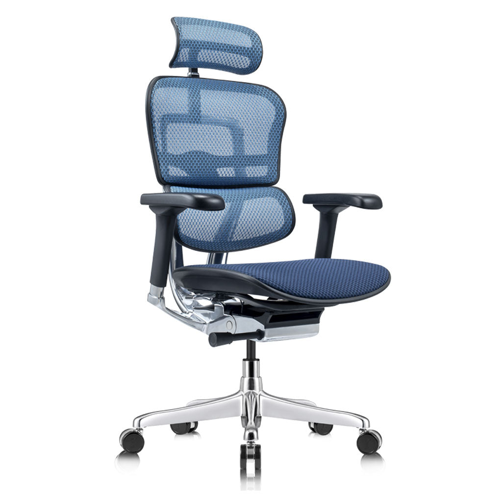 Blue office chair with mesh back and ergonomic design on a white background