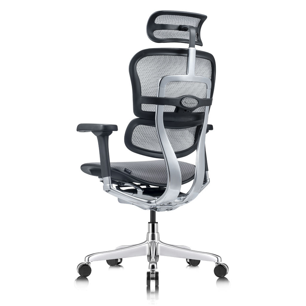Ergonomic office chair with mesh back and adjustable armrests on a white background