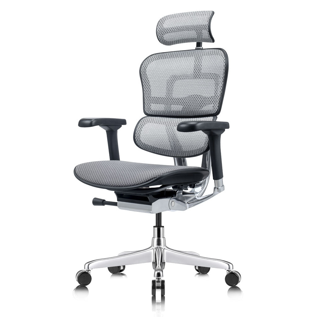 Gray office chair with headrest on a white background