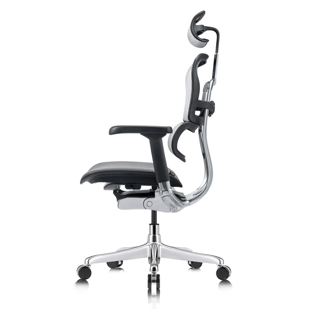 Ergonomic office chair with adjustable headrest on a white background