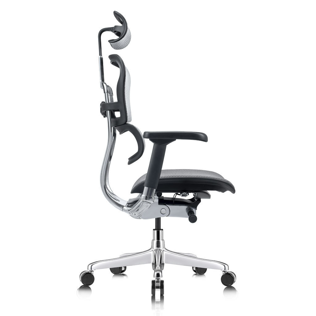 Ergonomic office chair with adjustable headrest on a white background