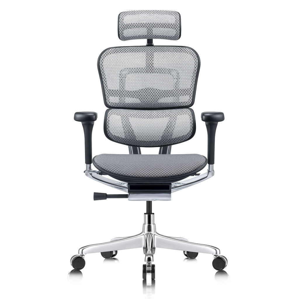 Gray office chair with mesh back and headrest on a white background