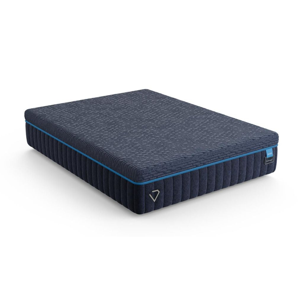 A dark navy blue mattress with a textured top surface and a bright blue accent line along the side, shown on a clean white background.