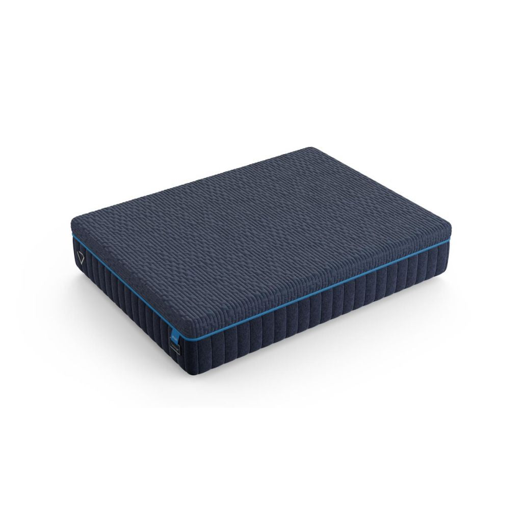 A dark navy blue mattress with a textured top surface and a thin bright blue piping accent along the edge, shown on a clean white background.