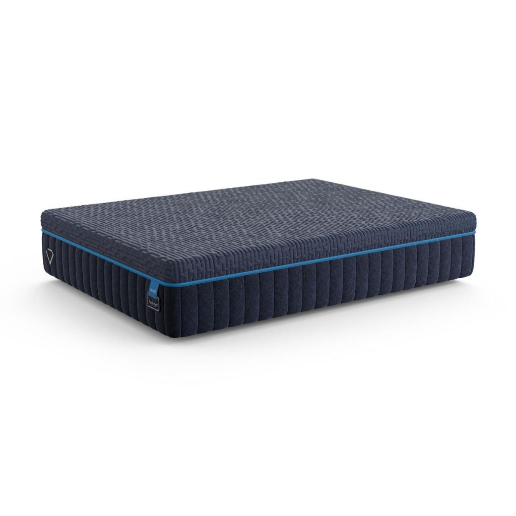 A dark navy blue mattress with a textured top surface and a bright blue accent line along the side, shown on a clean white background.