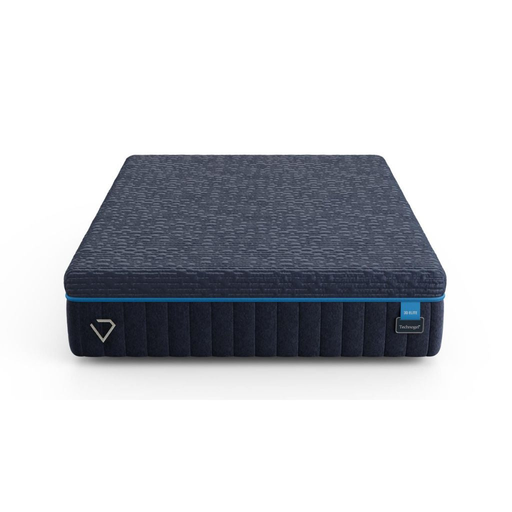 A dark navy blue mattress shown from a three-quarter angle on a clean white background. The mattress features a textured top surface, a ribbed side, a thin bright blue accent line, a geometric logo on the front left, and a small blue tag on the front right.