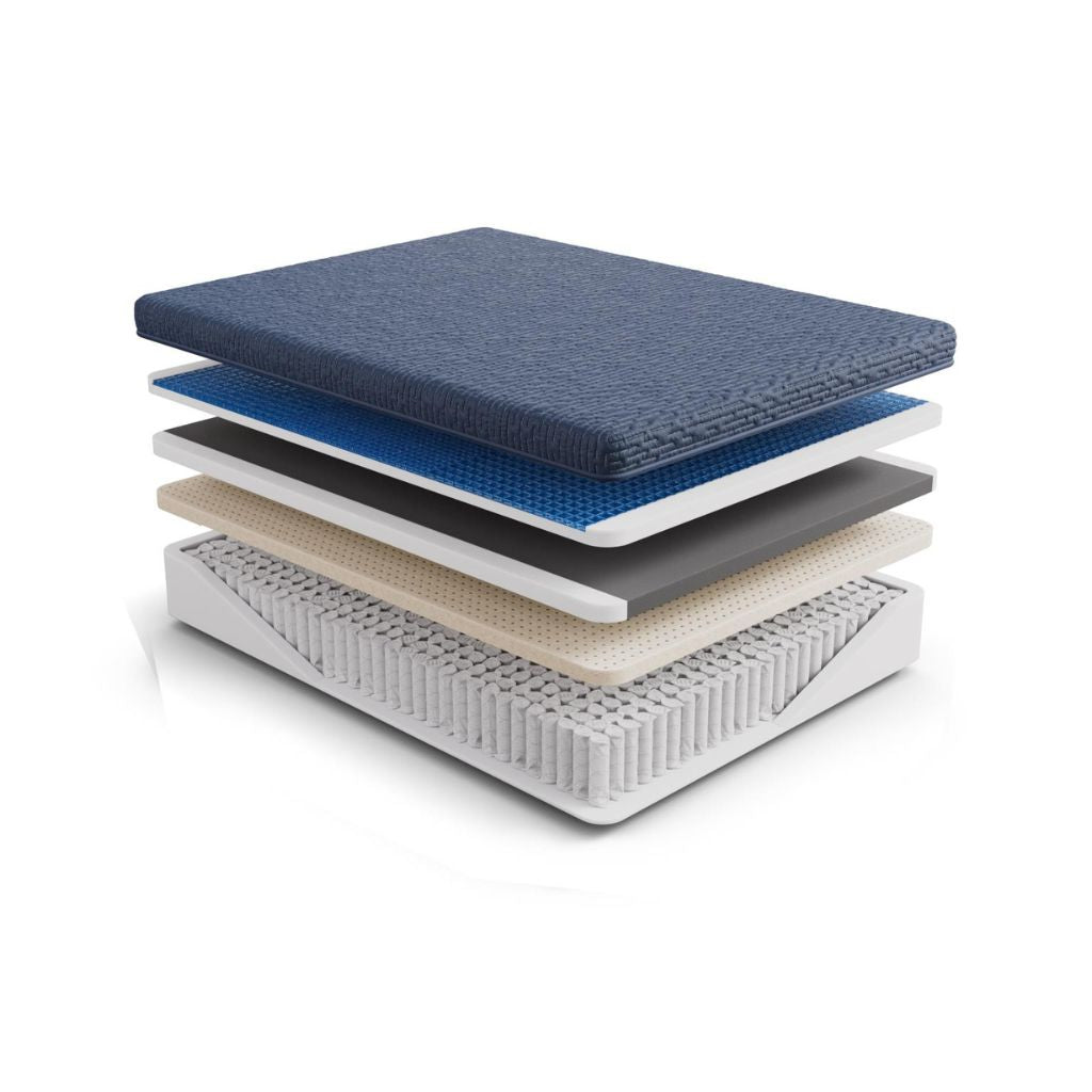 A layered mattress topper or mattress stack shown in cross-section on a clean white background. The stack includes a textured dark blue top layer, a medium blue layer, a black layer, a beige layer, and a white base with a honeycomb pattern.