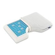 White and blue ergonomic gel pillow on a white background
