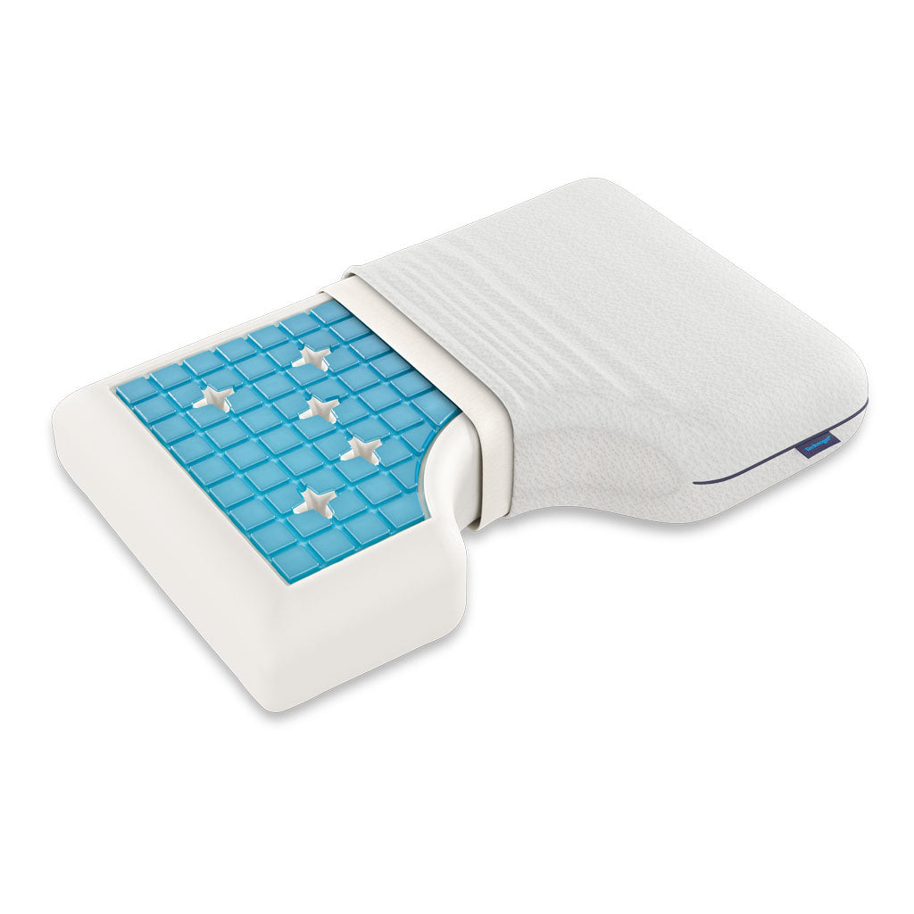 White and blue ergonomic gel pillow on a white background