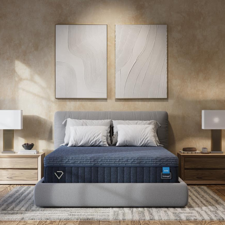 Bedroom with a gray mattress on a bed frame, nightstands, and wall art.