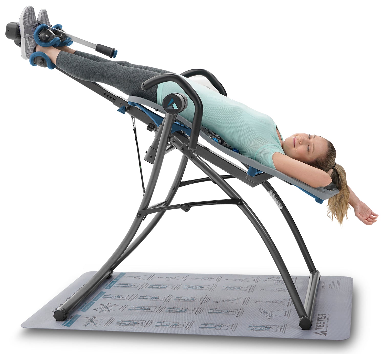 Person using an inversion table on a white background