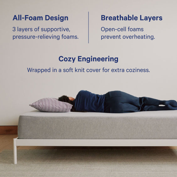 Person lying on a bed with text describing mattress features