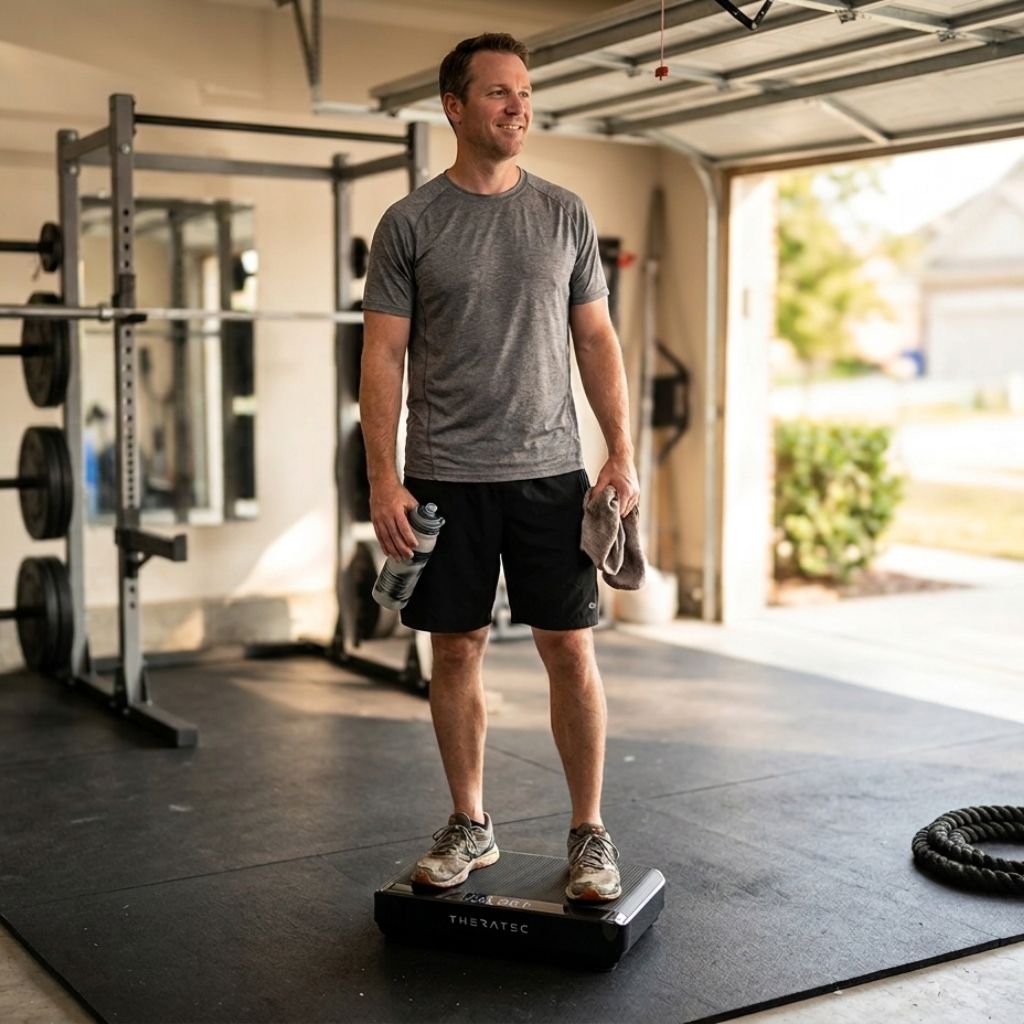 A man using a vibration plate in a garage.