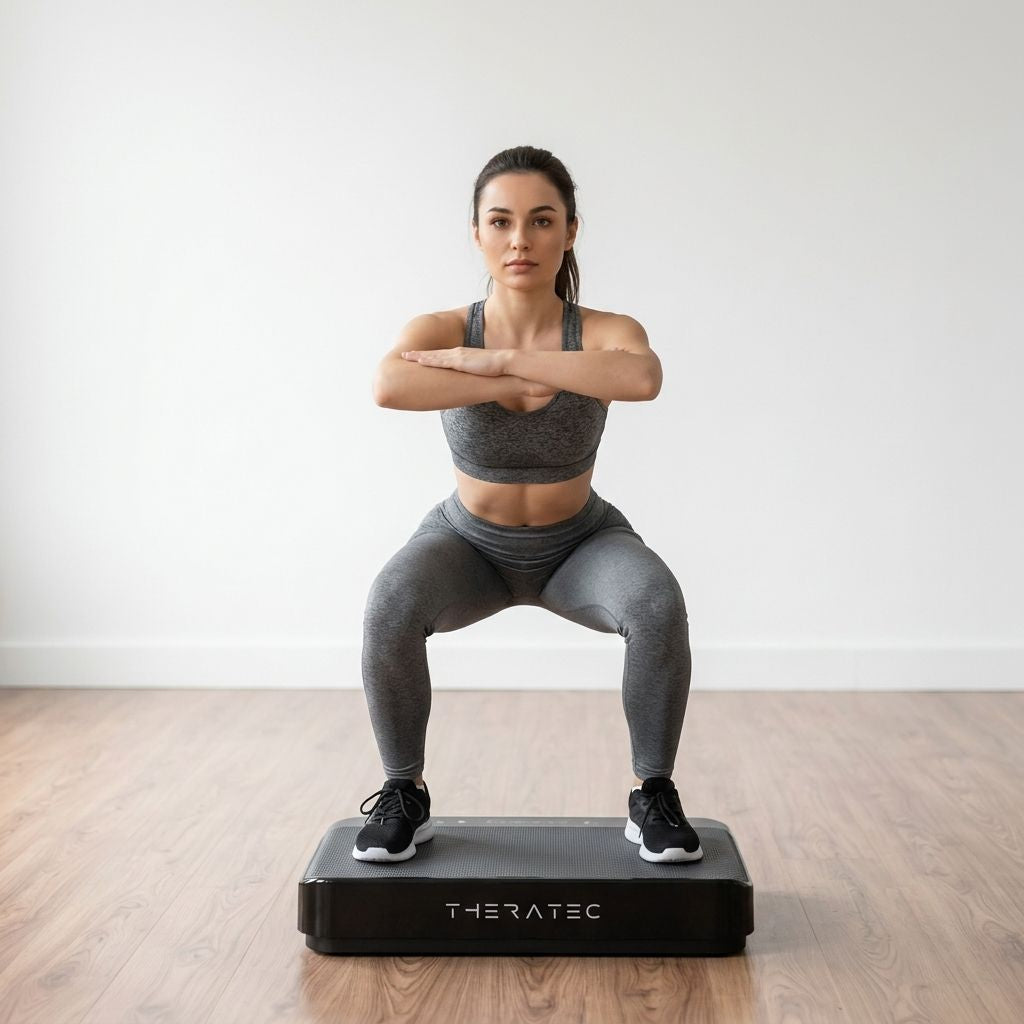 A woman using a vibration plate.