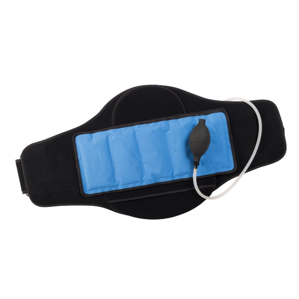 A black high back support brace with a blue gel cooling pad and a black pump bulb connected by a white tube, shown on a plain white background.