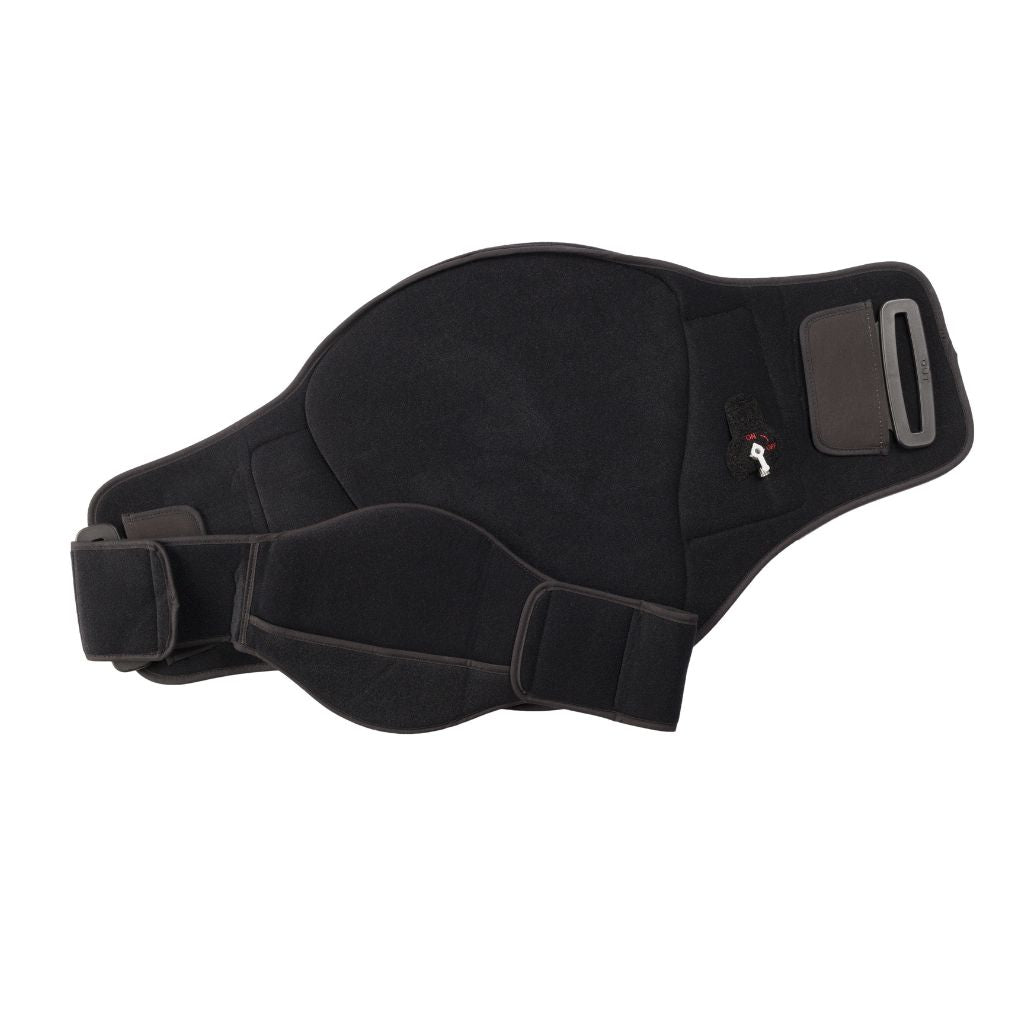 A black high back support brace with adjustable hook-and-loop straps and a gray plastic buckle, shown on a plain white background.