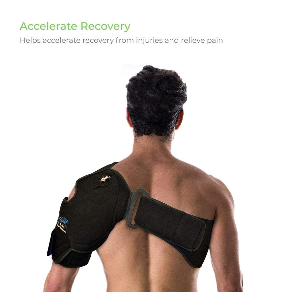 A man shown from the back wearing a black shoulder therapy device with hook-and-loop straps. Text at the top reads 'Accelerate Recovery' with a subtitle about helping accelerate recovery from injuries and relieve pain.